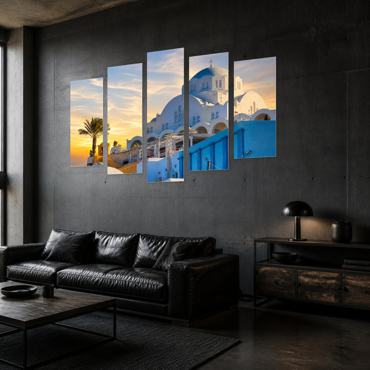 Late Afternoon in Santorini in Blue and Gold — five-panel wall art in perspective interior | 5wallart 52360 M2