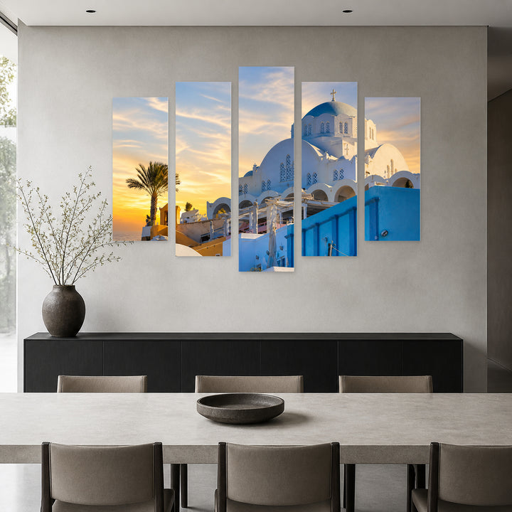 Late Afternoon in Santorini in Blue and Gold — five-panel wall art in frontal interior | 5wallart 52360 M3
