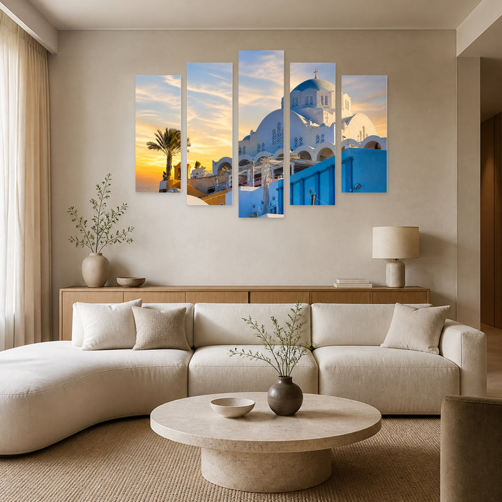 Late Afternoon in Santorini in Blue and Gold — five-panel wall art in alternate frontal interior | 5wallart 52360 M4