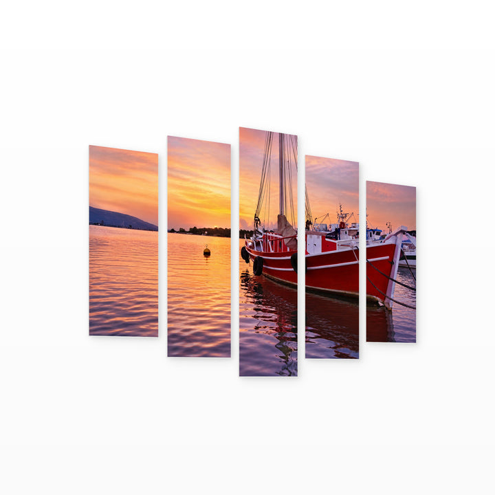 Sunset and Boats with Dreamlike Atmosphere — five-panel wall art on white background in perspective | 5wallart 52361 M1