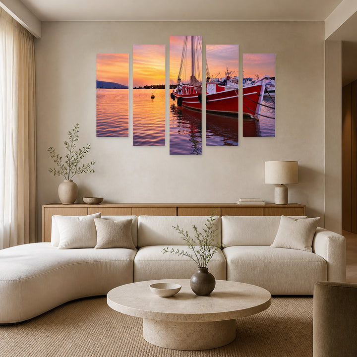 Sunset and Boats with Dreamlike Atmosphere — five-panel wall art in frontal interior | 5wallart 52361 M3