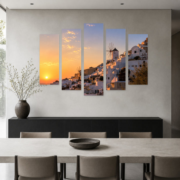 Greek Island Oia at Golden Sunset — five-panel wall art in frontal interior | 5wallart 52364 M3