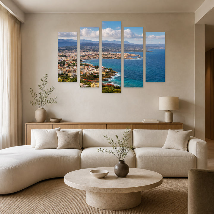 Old Harbor of Chania with Boats and Yachts — five-panel wall art in frontal interior | 5wallart 52369 M3