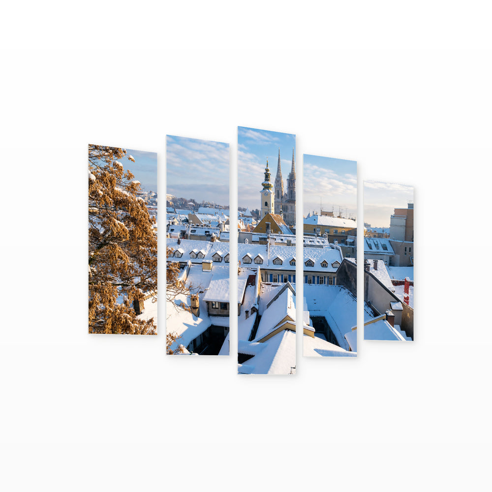 View over Zagreb in Winter in Serene Light — five-panel wall art on white background in perspective | 5wallart 52370 M1