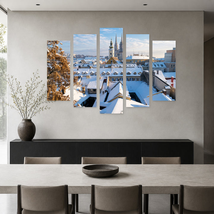 View over Zagreb in Winter in Serene Light — five-panel wall art in frontal interior | 5wallart 52370 M3