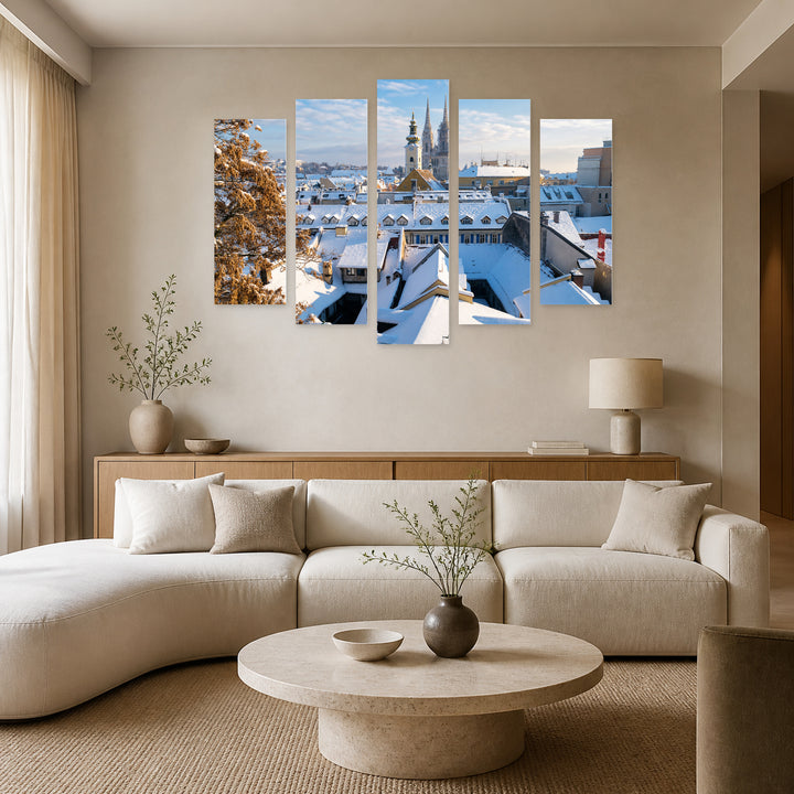 View over Zagreb in Winter in Serene Light — five-panel wall art in alternate frontal interior | 5wallart 52370 M4