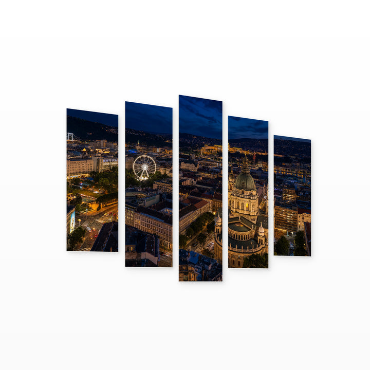Aerial View of Budapest at Night — five-panel wall art on white background in perspective | 5wallart 52376 M1
