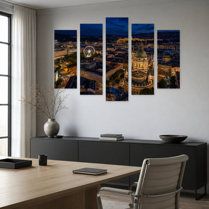 Aerial View of Budapest at Night — five-panel wall art in frontal interior | 5wallart 52376 M3