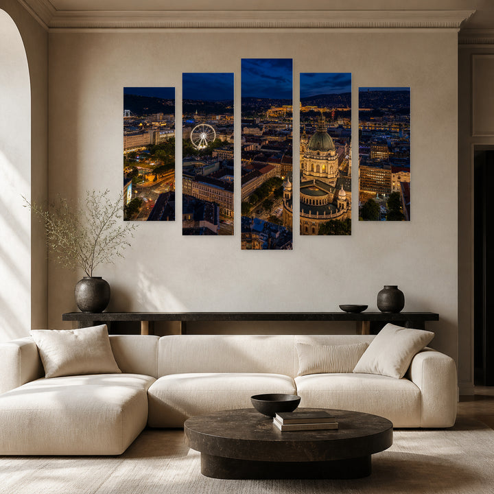 Aerial View of Budapest at Night — five-panel wall art in alternate frontal interior | 5wallart 52376 M4