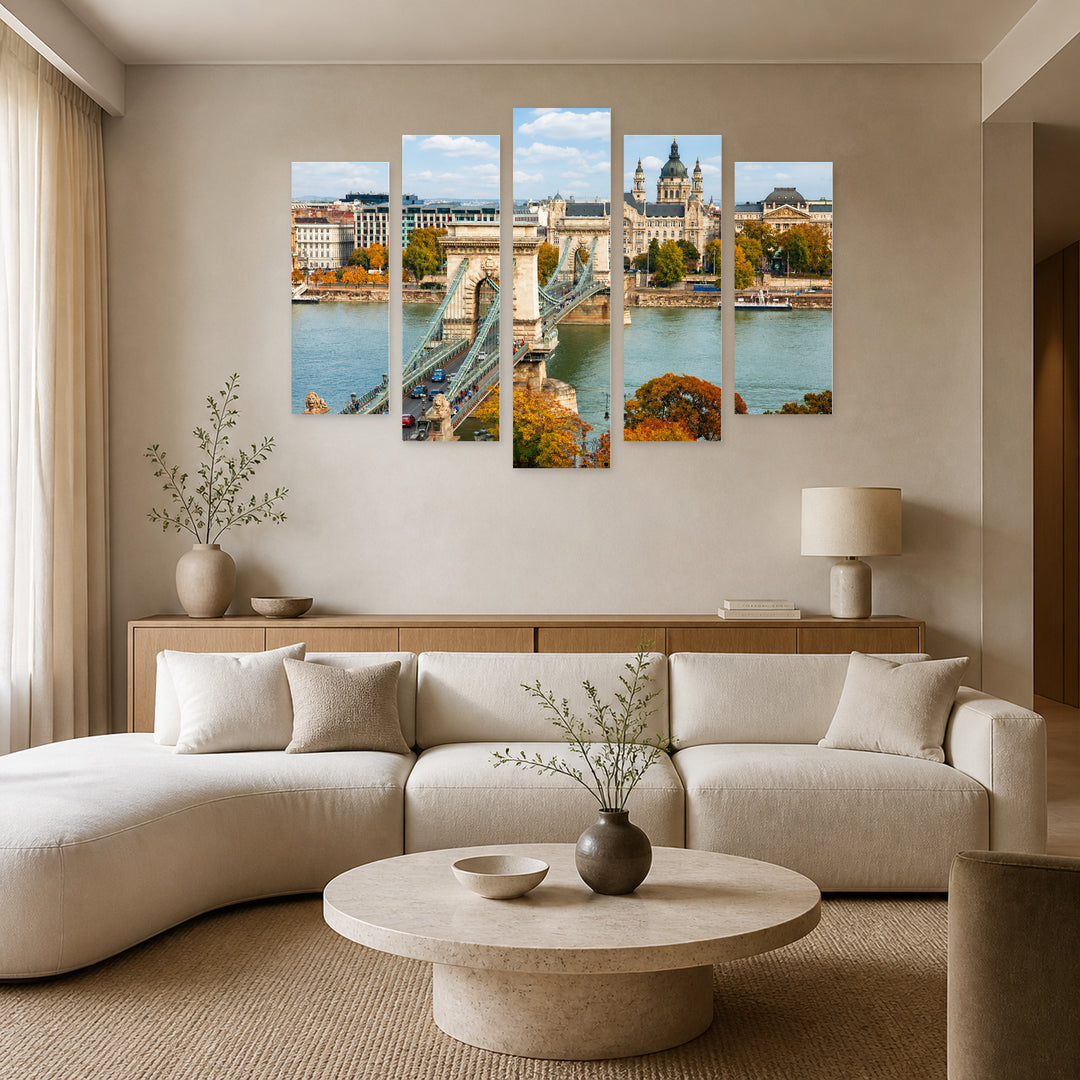 Famous Chain Bridge in Budapest — five-panel wall art in frontal interior | 5wallart 52377 M3