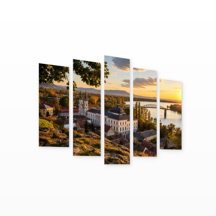View of the Old Town at Golden Sunset — five-panel wall art on white background in perspective | 5wallart 52381 M1