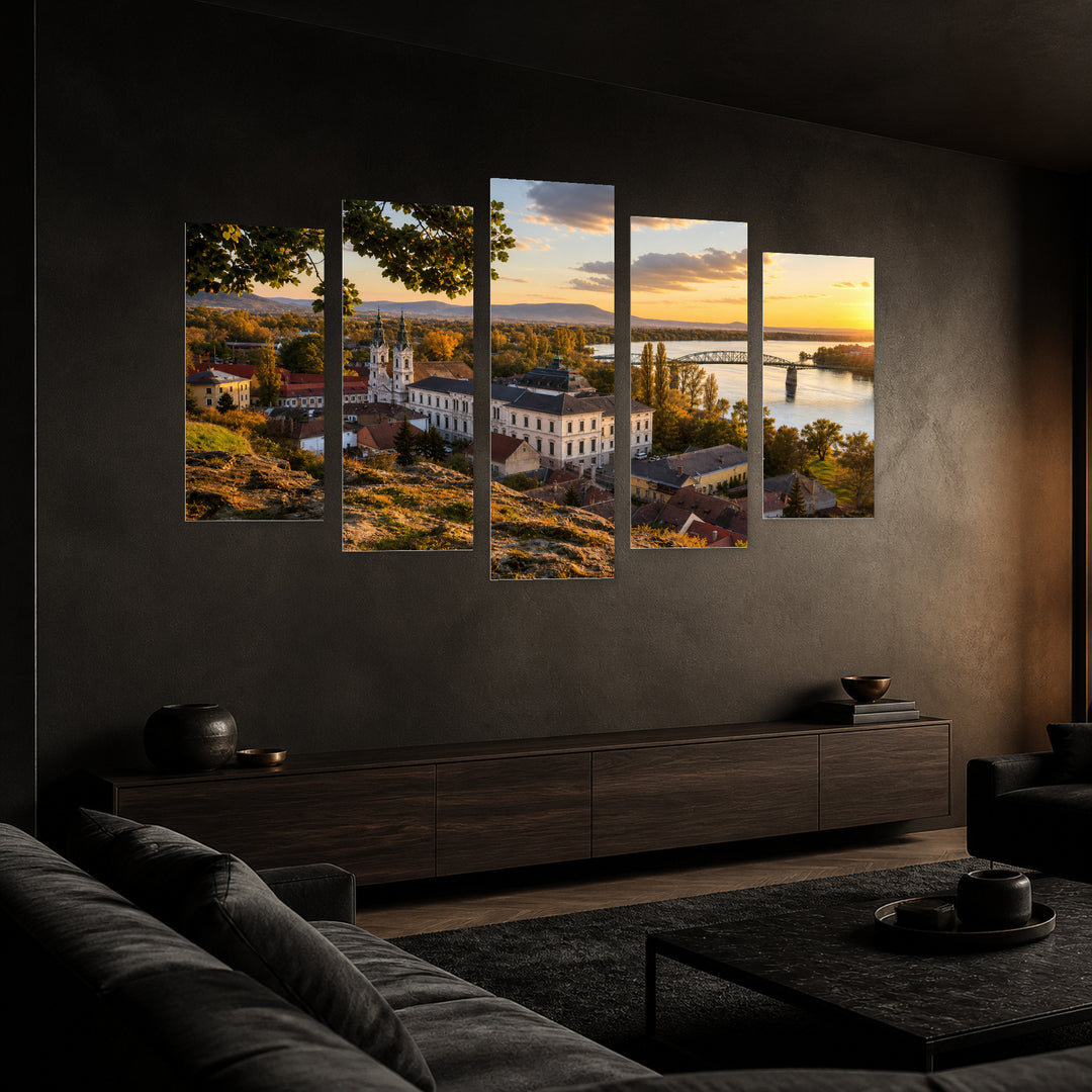 View of the Old Town at Golden Sunset — five-panel wall art in perspective interior | 5wallart 52381 M2