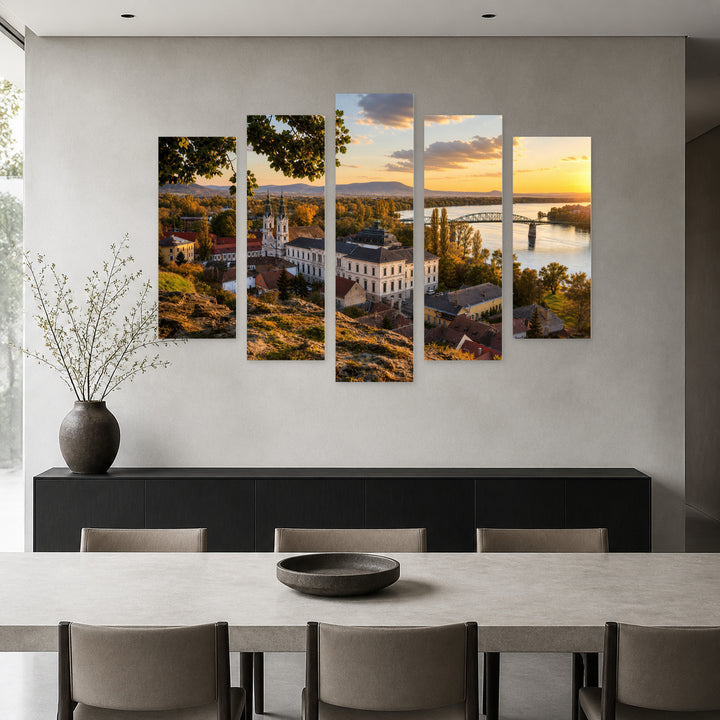 View of the Old Town at Golden Sunset — five-panel wall art in alternate frontal interior | 5wallart 52381 M4
