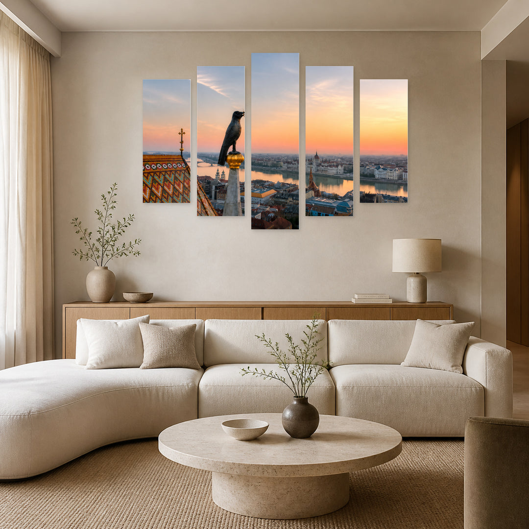 Raven with a Ring in Blue and Gold — five-panel wall art in alternate frontal interior | 5wallart 52386 M4