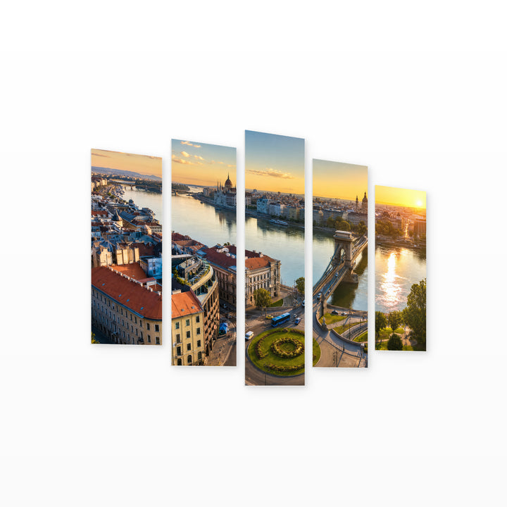 View of Clark Ádám Square in Vivid Color — five-panel wall art on white background in perspective | 5wallart 52388 M1