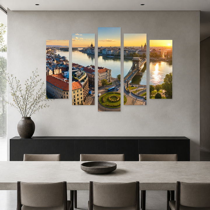 View of Clark Ádám Square in Vivid Color — five-panel wall art in frontal interior | 5wallart 52388 M3