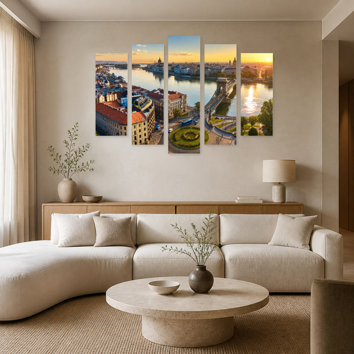View of Clark Ádám Square in Vivid Color — five-panel wall art in alternate frontal interior | 5wallart 52388 M4