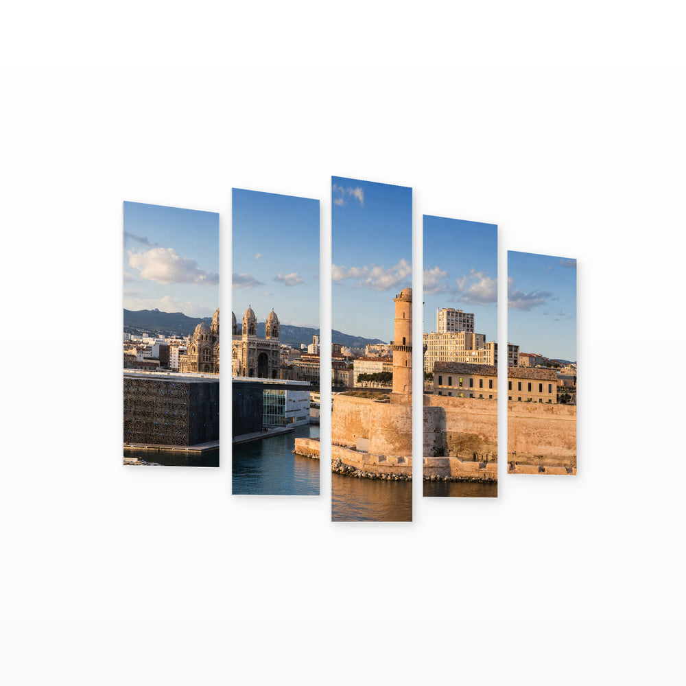 Saint-jean Castle and La Major Cathedral Urban Panorama — five-panel wall art on white background in perspective | 5wallart 52396 M1