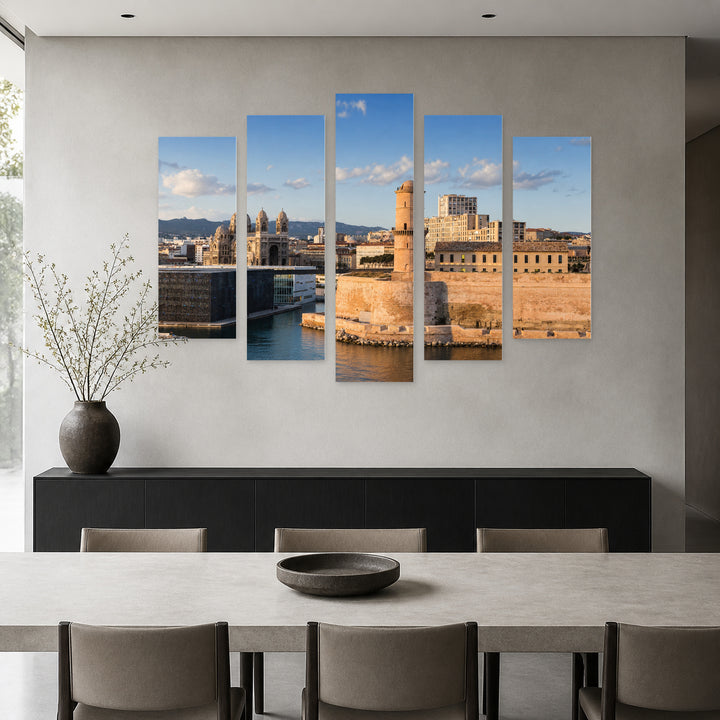 Saint-jean Castle and La Major Cathedral Urban Panorama — five-panel wall art in frontal interior | 5wallart 52396 M3