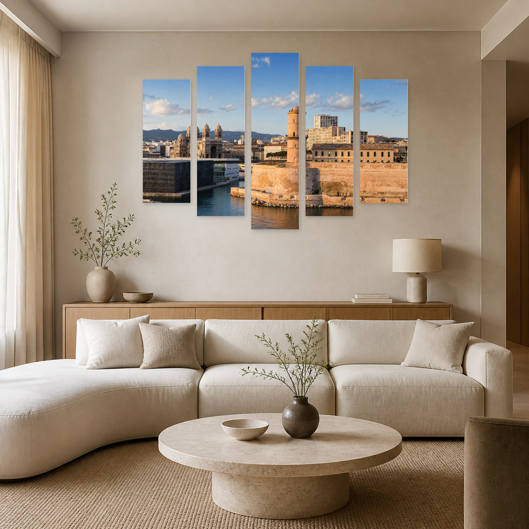Saint-jean Castle and La Major Cathedral Urban Panorama — five-panel wall art in alternate frontal interior | 5wallart 52396 M4