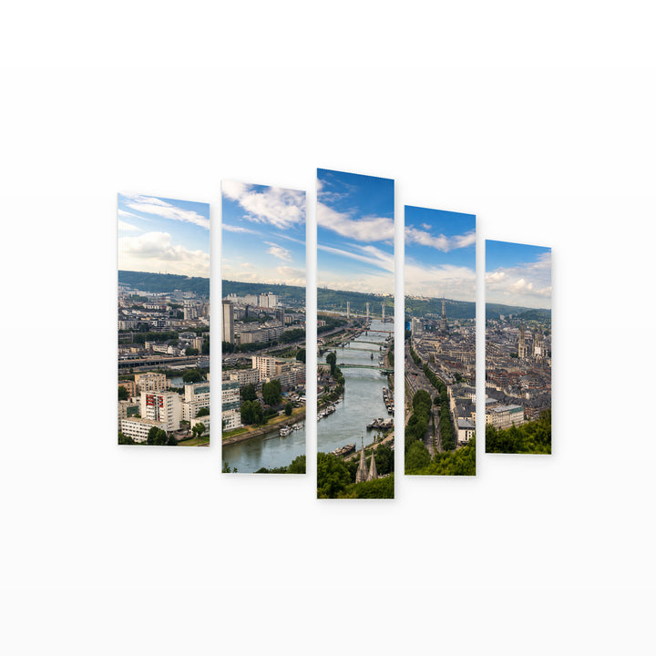 Panoramic View of Rouen in Blue and Gold — five-panel wall art on white background in perspective | 5wallart 52397 M1