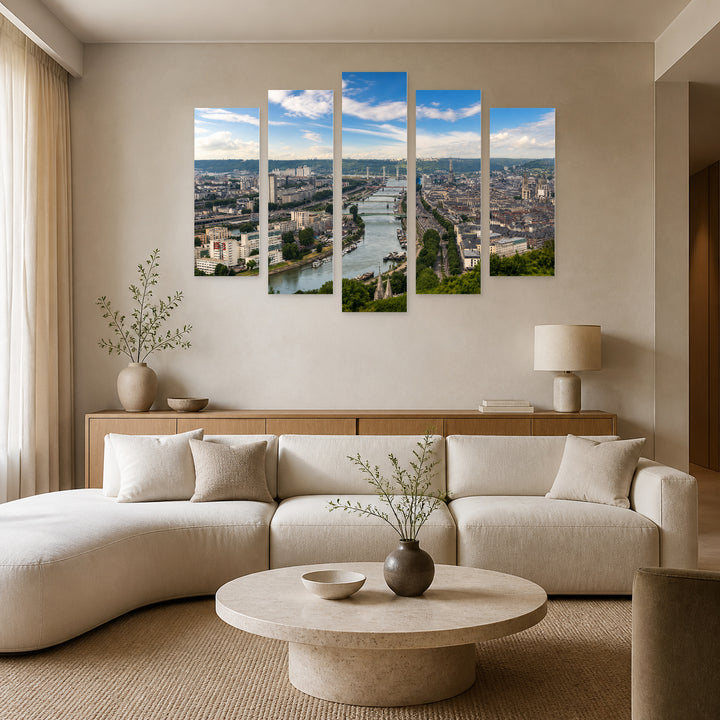 Panoramic View of Rouen in Blue and Gold — five-panel wall art in frontal interior | 5wallart 52397 M3