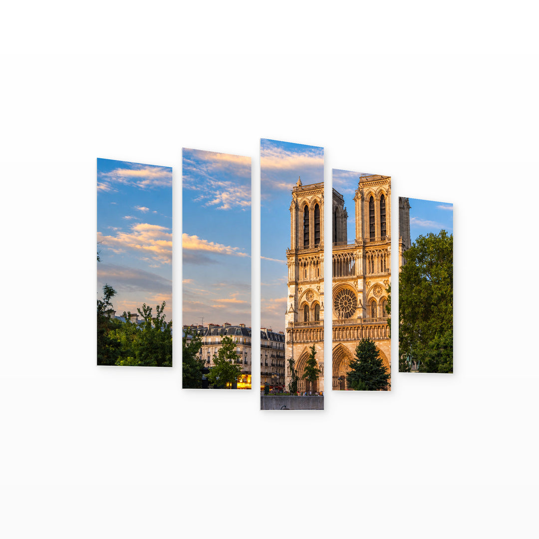 Cathedral in Paris in Blue and Gold — five-panel wall art on white background in perspective | 5wallart 52398 M1