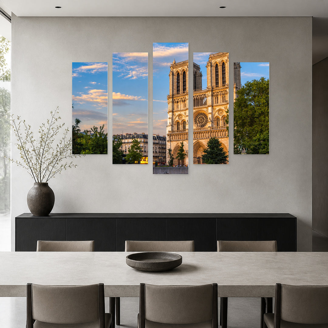 Cathedral in Paris in Blue and Gold — five-panel wall art in frontal interior | 5wallart 52398 M3