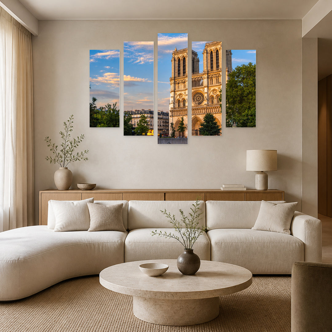 Cathedral in Paris in Blue and Gold — five-panel wall art in alternate frontal interior | 5wallart 52398 M4