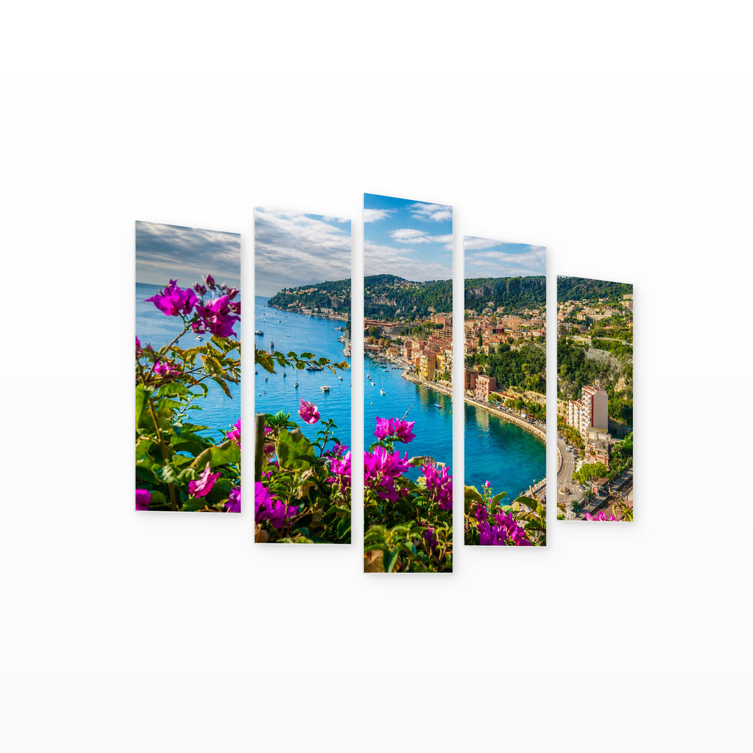 French Riviera with Medieval Town in Vivid Color — five-panel wall art on white background in perspective | 5wallart 52400 M1