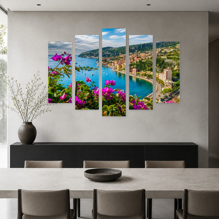 French Riviera with Medieval Town in Vivid Color — five-panel wall art in frontal interior | 5wallart 52400 M3