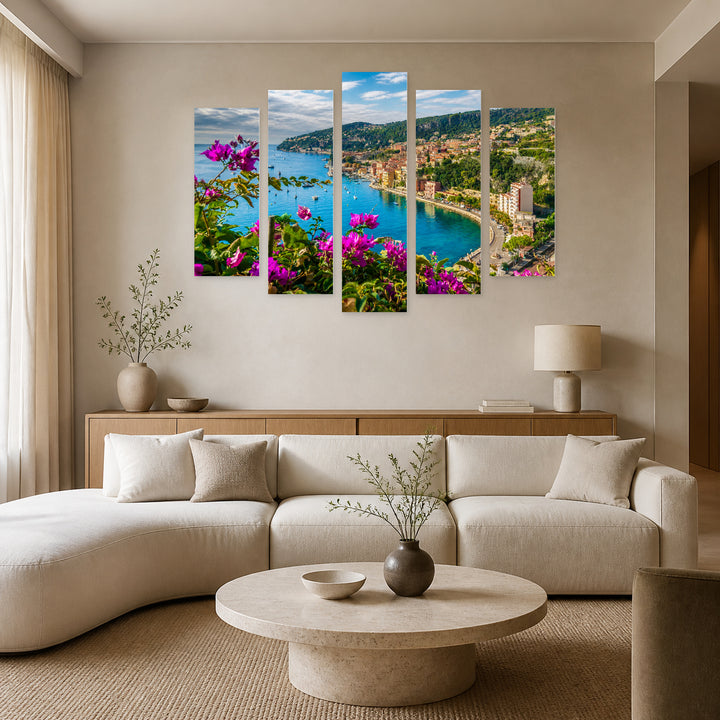 French Riviera with Medieval Town in Vivid Color — five-panel wall art in alternate frontal interior | 5wallart 52400 M4