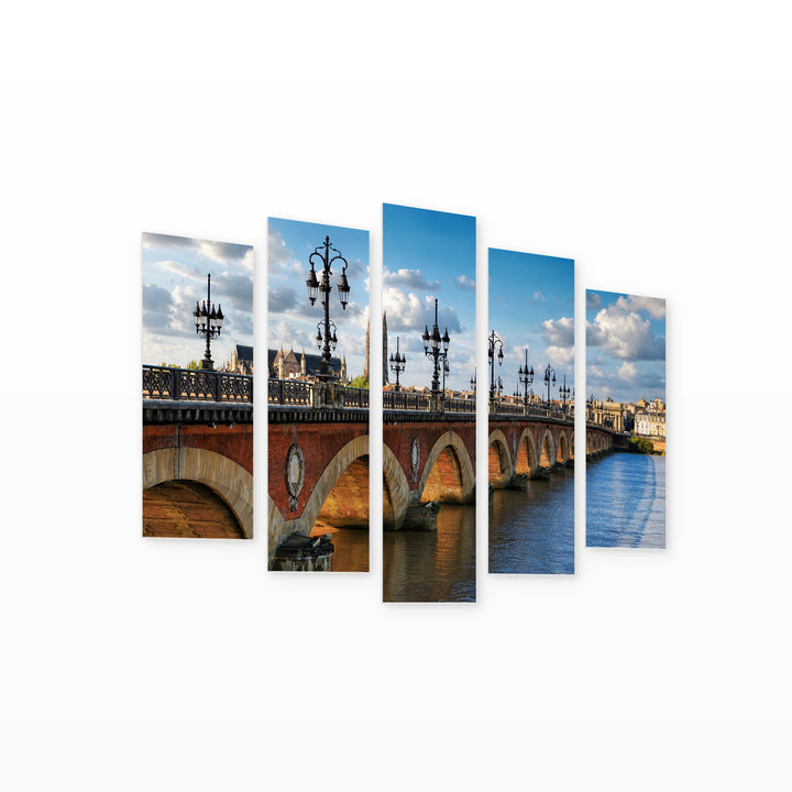 Picturesque View of the Bordeaux River Landscape Study — five-panel wall art on white background in perspective | 5wallart 52404 M1