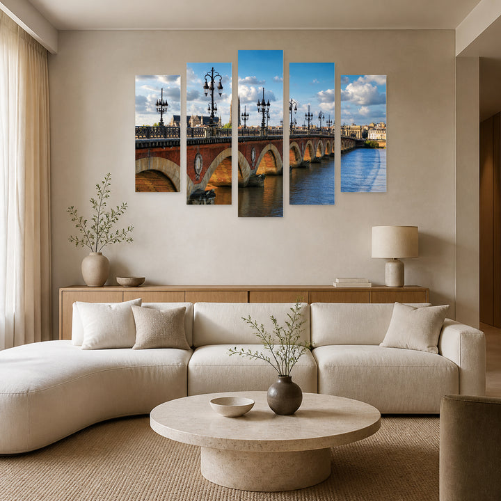 Picturesque View of the Bordeaux River Landscape Study — five-panel wall art in alternate frontal interior | 5wallart 52404 M4