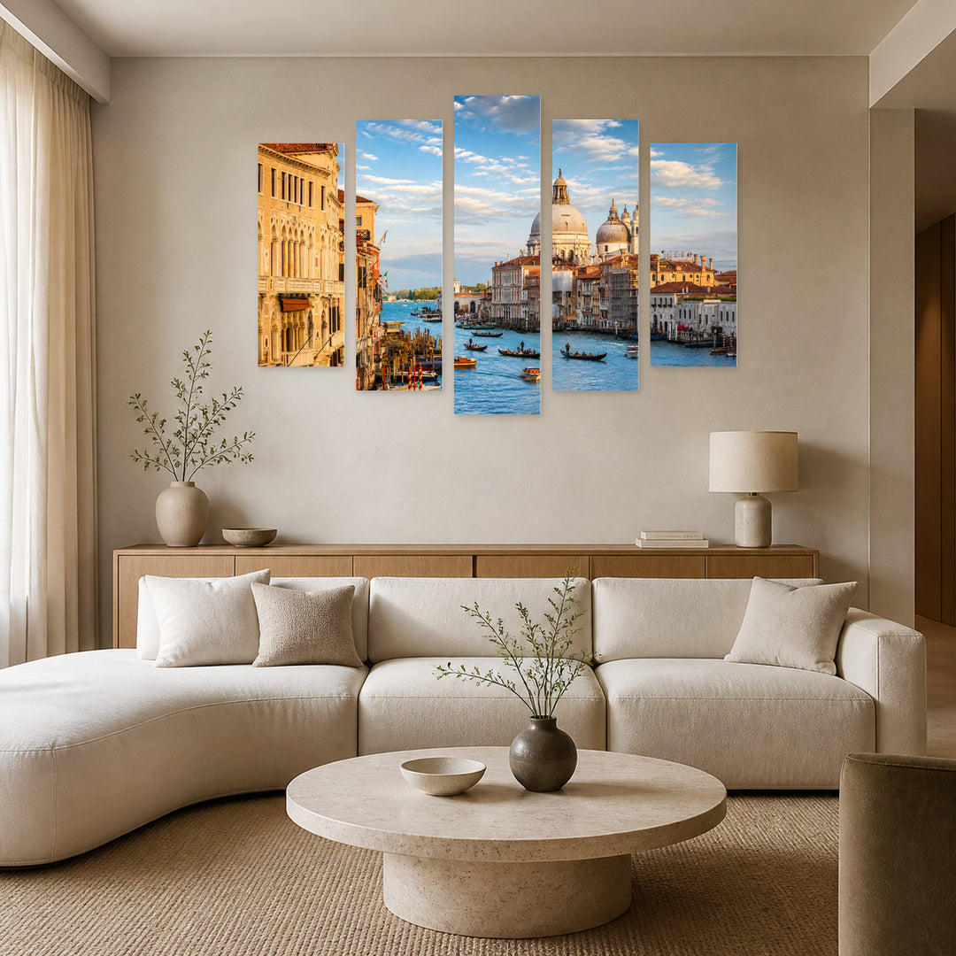Panoramic View in Blue and Gold — five-panel wall art in frontal interior | 5wallart 52409 M3