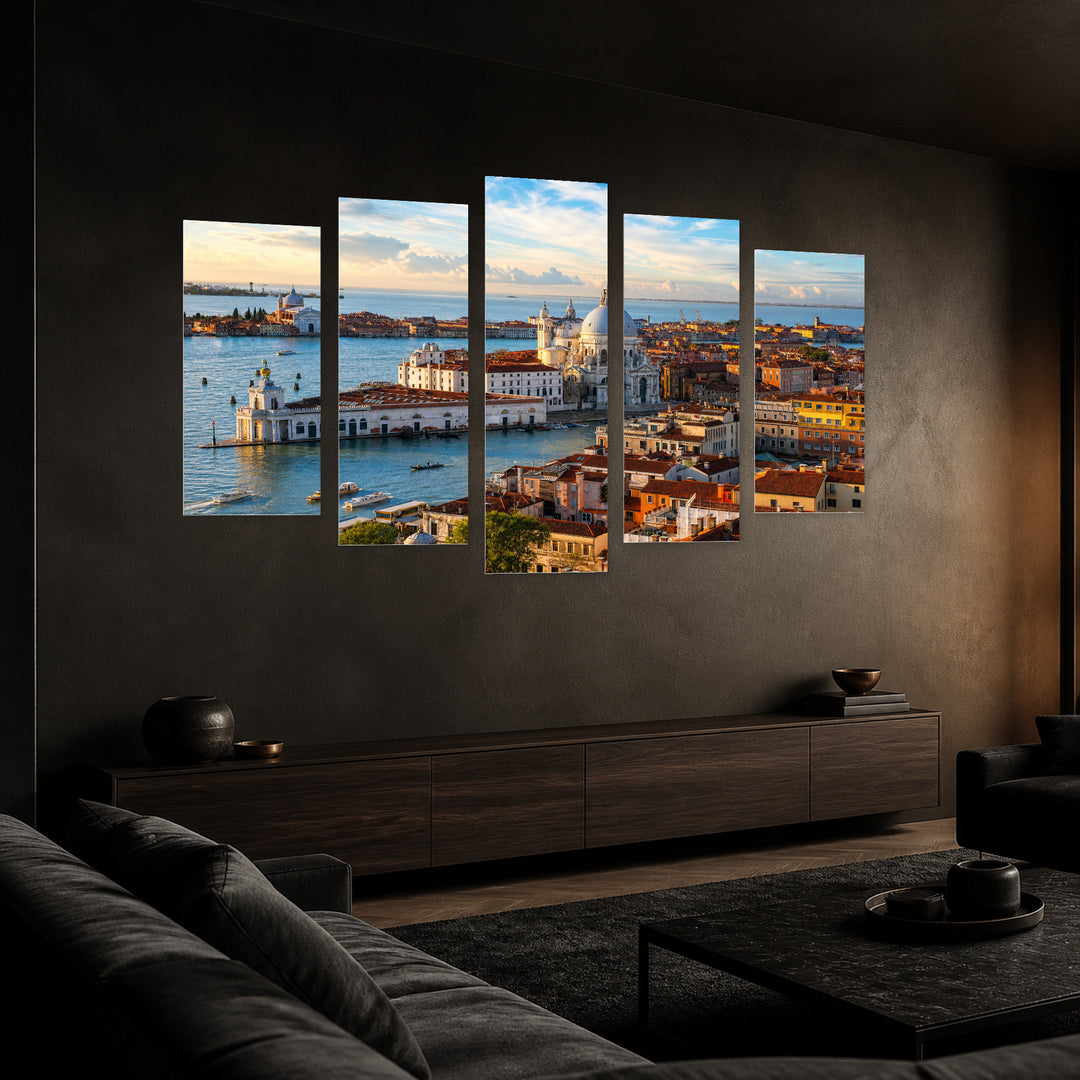 Panoramic View of Venice in Blue and Gold — five-panel wall art in perspective interior | 5wallart 52413 M2