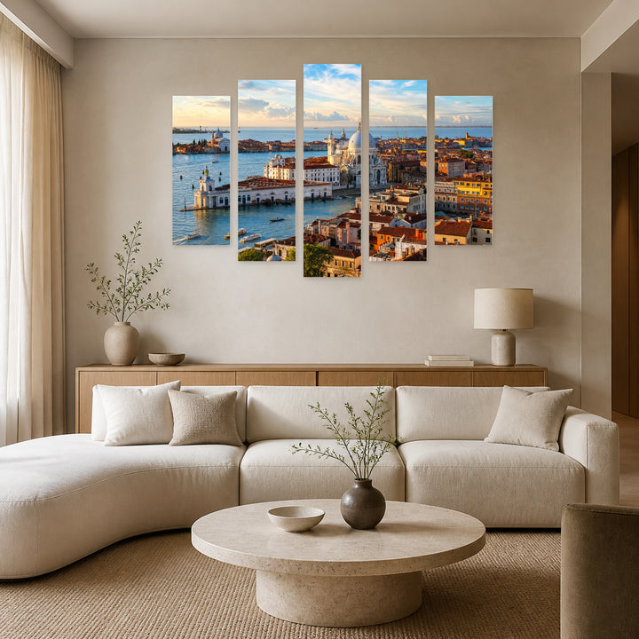 Panoramic View of Venice in Blue and Gold — five-panel wall art in frontal interior | 5wallart 52413 M3