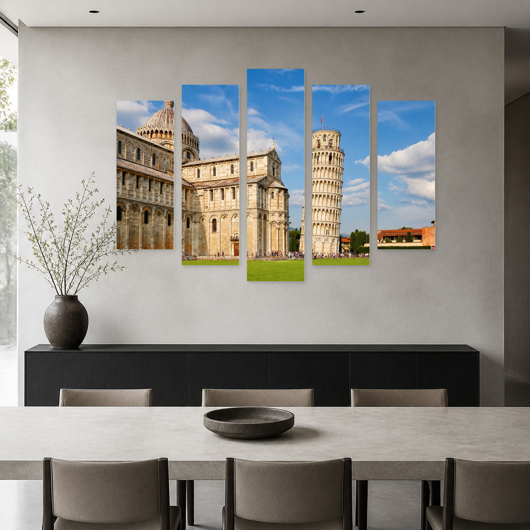 Leaning Tower of Pisa in Serene Light — five-panel wall art in frontal interior | 5wallart 52416 M3