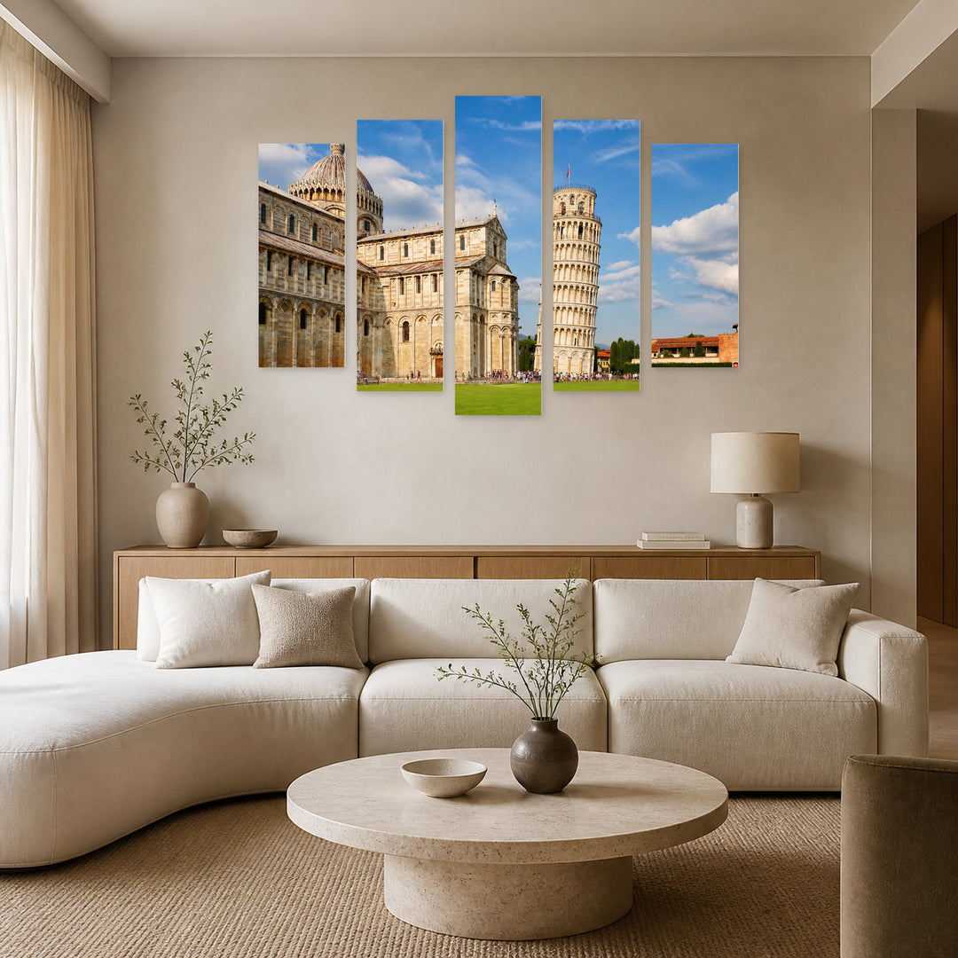 Leaning Tower of Pisa in Serene Light — five-panel wall art in alternate frontal interior | 5wallart 52416 M4
