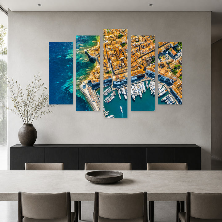 Saint-tropez in Vivid Color — five-panel wall art in frontal interior | 5wallart 52420 M3