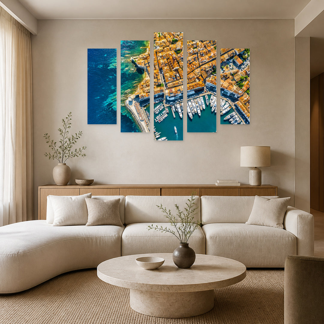 Saint-tropez in Vivid Color — five-panel wall art in alternate frontal interior | 5wallart 52420 M4