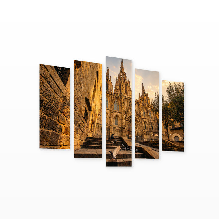 Cathedral in Barcelona at Golden Sunset — five-panel wall art on white background in perspective | 5wallart 52428 M1