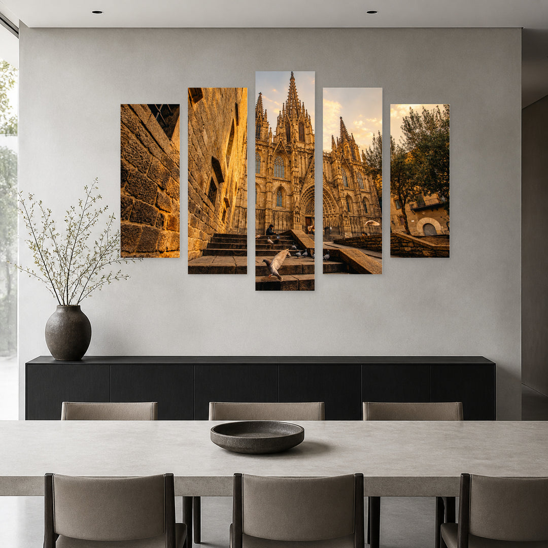 Cathedral in Barcelona at Golden Sunset — five-panel wall art in frontal interior | 5wallart 52428 M3