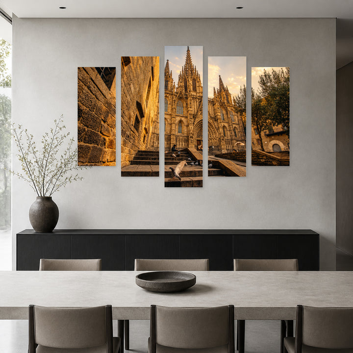Cathedral in Barcelona at Golden Sunset — five-panel wall art in frontal interior | 5wallart 52428 M3
