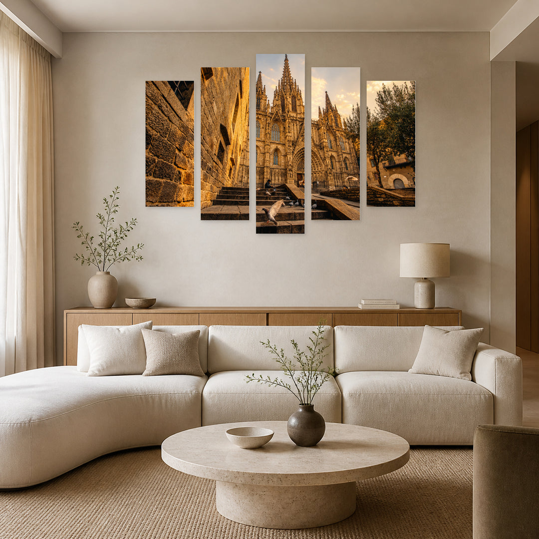 Cathedral in Barcelona at Golden Sunset — five-panel wall art in alternate frontal interior | 5wallart 52428 M4