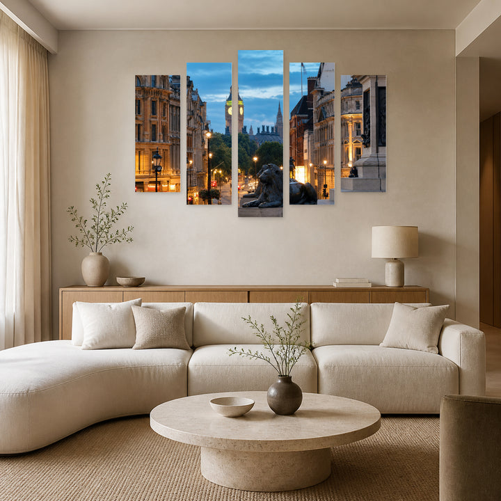Street at Trafalgar Square Urban Panorama — five-panel wall art in alternate frontal interior | 5wallart 52444 M4