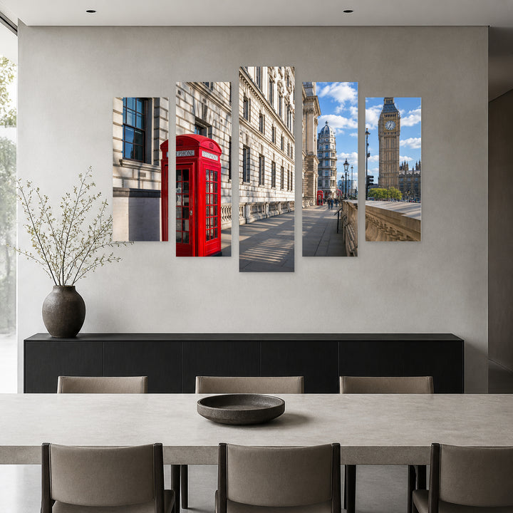Sunny Afternoon in London with Geometric Rhythm — five-panel wall art in frontal interior | 5wallart 52446 M3