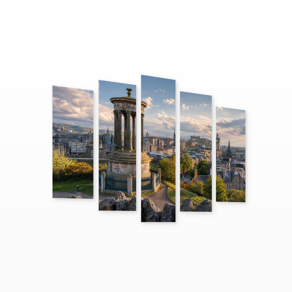 Panorama of Edinburgh in Serene Light — five-panel wall art on white background in perspective | 5wallart 52448 M1