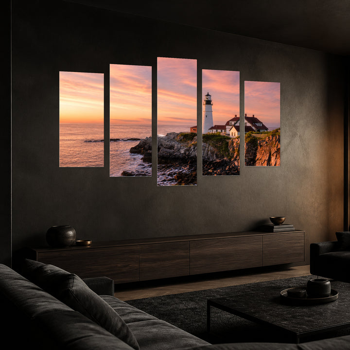 Sunrise in Maine with Dreamlike Atmosphere — five-panel wall art in perspective interior | 5wallart 52451 M2