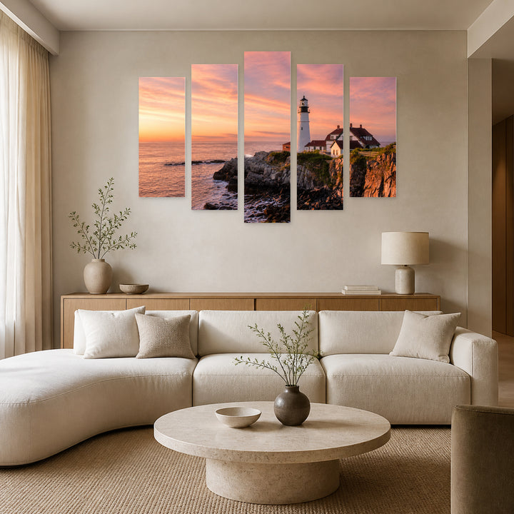 Sunrise in Maine with Dreamlike Atmosphere — five-panel wall art in frontal interior | 5wallart 52451 M3